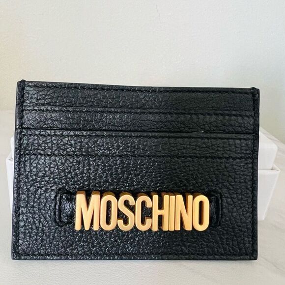 MOSCHINO Logo Leather Card Case, Designer Italian Luxury Wallet, Black Gold, NWT - Picture 11 of 13
